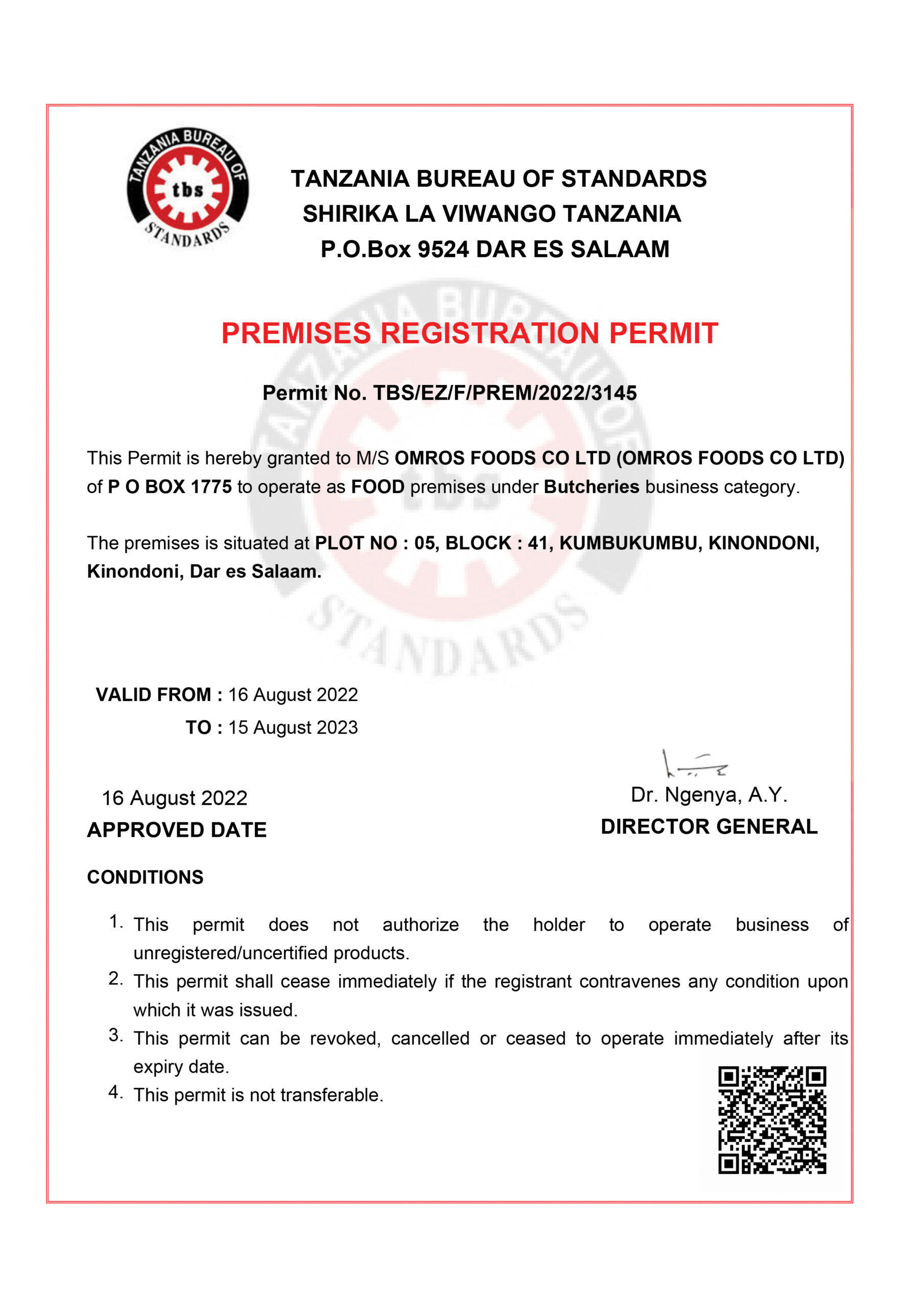 TBS Certificate Omros Foods